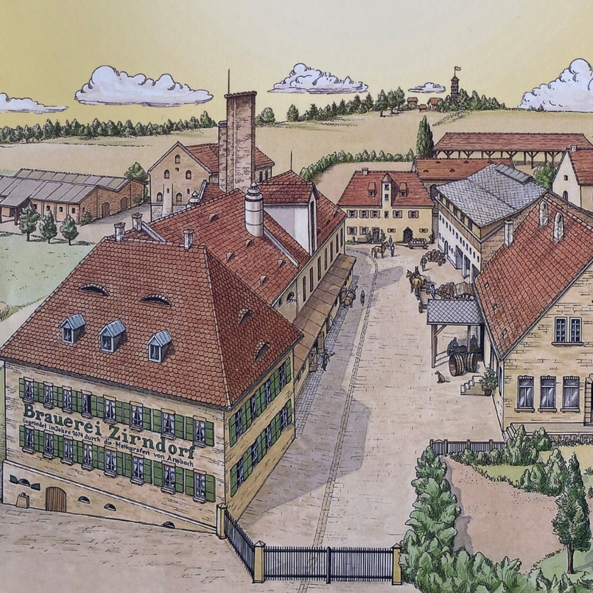 Bunte Zeichnung eines Brauereigutshofes mit rot gedeckten Hausdächern. Im Hinterund ein Feld mit einzelnem Baumbestand.