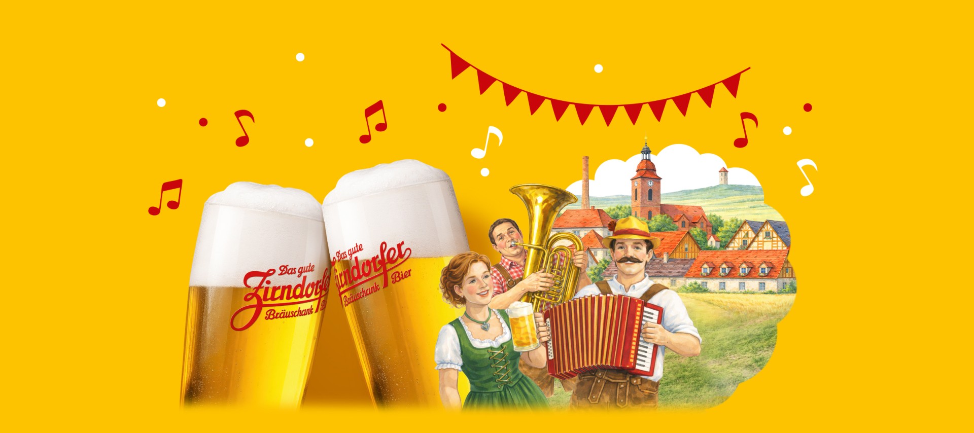 Illustration eines Blasmusik Trios neben 2 Zirndorfer Gläsern, drumherum Noten, im Hintergrund ein Dorf.
