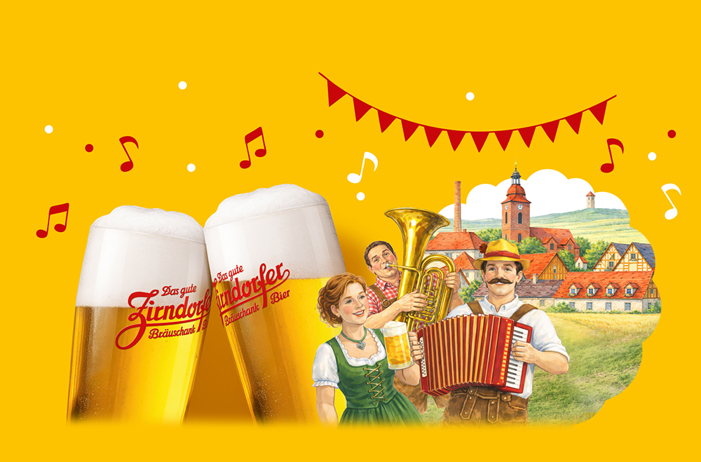 Illustration eines Blasmusik Trios neben 2 Zirndorfer Gläsern, drumherum Noten, im Hintergrund ein Dorf.