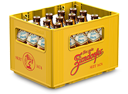 Gelbe Getränkekiste mit zwölf braunen Flaschen auf weißem Hintergrund.