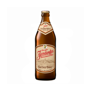 Betaute Bierflasche von Zirndorfer Kellerbier. Auf dem Etikett eine Illustration der Stadt Zirndorfer.
