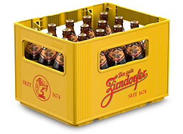 Gelbe Getränkekiste gefüllt mit dunklen Flaschen in einem strukturierten Layout.