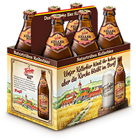 Ein Sechserpack dunkler Bierflaschen befindet sich in einer gelben Kartonverpackung.