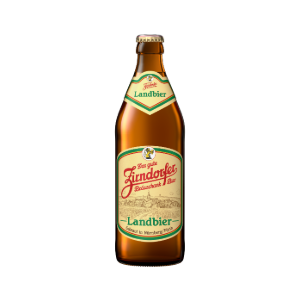 Betaute Bierflasche von Zirndorfer Landbier. Auf dem Etikett eine Illustration der Stadt Zirndorfer.