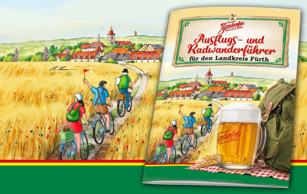 Mehrere Radfahrer erkunden auf einem Feldweg die ländliche Szenerie eines Dorfes. Ein offenes Buch zeigt ein Bierglas neben einer Landschaft.